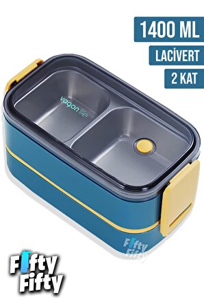 Vagonlife 1400 ML İki Kat Üç Bölme Paslanmaz Çelik Bento Lunch Box Yeni Nesil Sefer Tası -Çatal/Kaşıklı Model-ffbl50002
