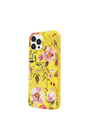 Iphone 12 Pro Max Özel Tasarım Renkli Çiçekli Yağlı Boya Sarı Renkli Silikon Telefon Kılıfı