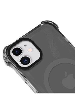iPhone 12 Magsafe Kablosuz Şarj Özellikli Mıknatıslı Transparan Şeffaf Siyah Renkli Kılıf