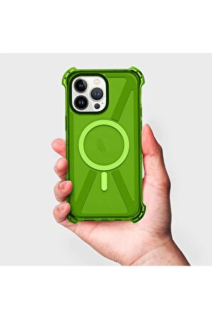 iPhone 14 Pro Max Magsafe Kablosuz Şarj Özellikli Mıknatıslı Transparan Şeffaf Yeşil Renkli Kılıf