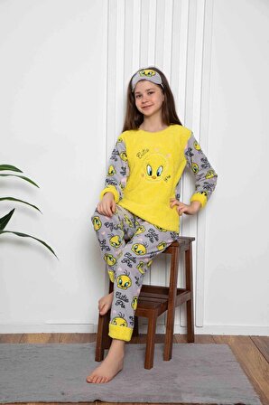 Kız Çocuk Bebek Boy Sarı Tweety Kışlık Polar Pijama Takımı -2305