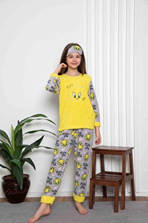 Kız Çocuk Bebek Boy Sarı Tweety Kışlık Polar Pijama Takımı -2305