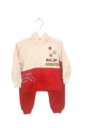 Baskılı Kapüşonlu Kırmızı Bebek Takımı 2'li Bebek Kıyafeti Erkek & Kız %100 Pamuk