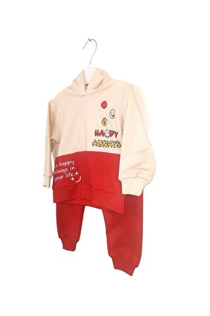 Baskılı Kapüşonlu Kırmızı Bebek Takımı 2'li Bebek Kıyafeti Erkek & Kız %100 Pamuk