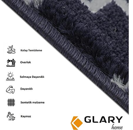 Glary Home GH40A-WNVY-GRY1 Kare Desenli Kaydırmaz Tabanlı 1'li Merdiven Halısı - Beyaz/Lacivert
