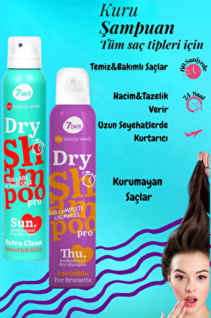 7DAYS Pürüzsüz-İpeksi Saçlar için Kuru Şampuan Ekstra Temiz &Görünmez(Koyu Saçlarda) 2'li Set