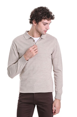 Bej Regular Fit Düz Polo Yaka Triko Kazak | M