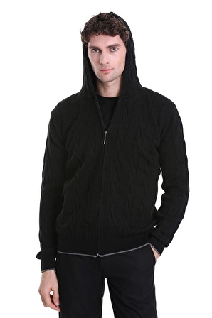 Siyah Regular Fit Jakarlı Yarım Fermuarlı Kapüşonlu Triko Kazak | XL