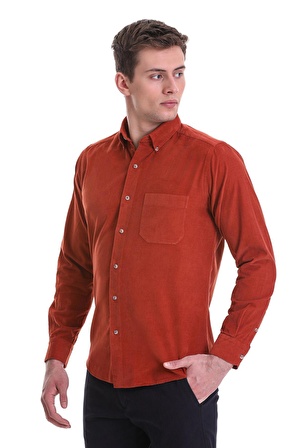Kiremit Slim Fit Düz 100% Pamuklu Düğmeli Yaka Uzun Kollu Klasik Gömlek | S