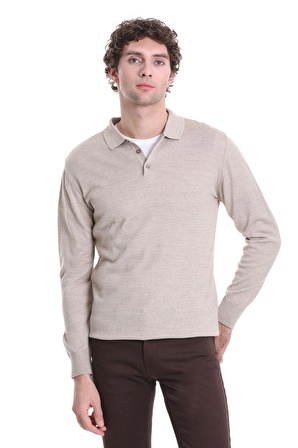 Bej Regular Fit Düz Polo Yaka Triko Kazak | S