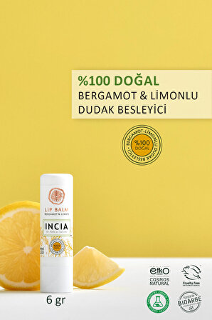 INCIA %100 Doğal Dudak Besleyici Bergamot & Limon Bitkisel Nemlendirici Dudak Bakım Kremi 6 G