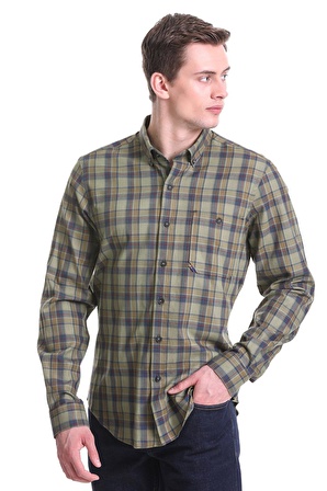 Haki Comfort Fit Kareli 100% Pamuklu Düğmeli Yaka Uzun Kollu Klasik Gömlek | XS