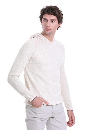 Ekru Regular Fit Jakarlı Kapüşonlu Triko Kazak | M