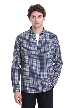 Lacivert Comfort Fit Kareli Düğmeli Yaka Uzun Kollu Casual Gömlek | M