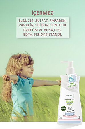 INCIA %100 Doğal Organik Sertifikalı Bebek Ve Çocuk Jel Şampuanı Saç Vücut Lavanta Konak Önleyici 350 ml