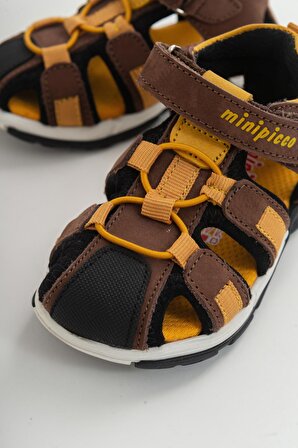 Mnpc Unısex Kahve-Sarı Deri Ortopedik Outdoor Çocuk Sandalet 