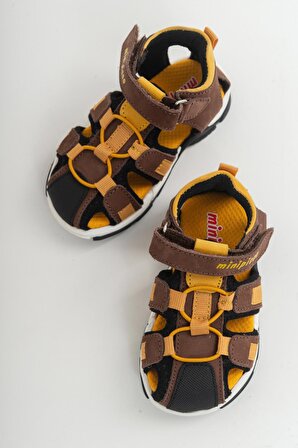 Mnpc Unısex Kahve-Sarı Deri Ortopedik Outdoor Çocuk Sandalet 