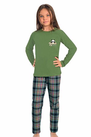 Little Frog Yeşil Uzun Kollu Düz Paça Kız Çocuk Pijama Takımı
