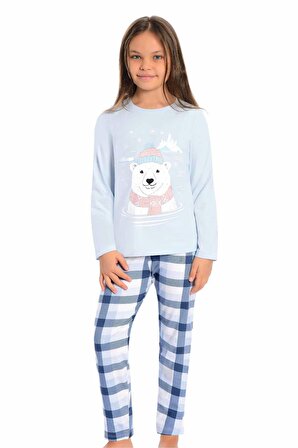 Little Frog Mavi Uzun Kollu Düz Paça Kız Çocuk Pijama Takımı