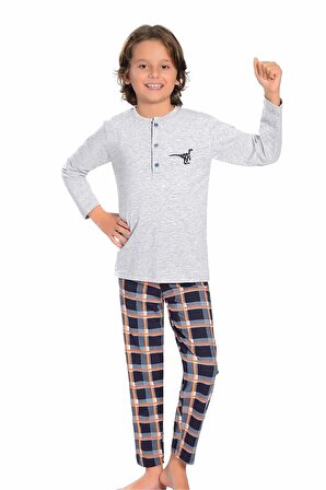 Açık Gri Uzun Kollu Düz Paça Erkek Çocuk Pijama Takımı