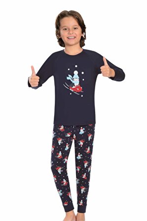 Little Frog Lacivert Uzun Kollu Paça Bantlı Erkek Çocuk Pijama Takımı