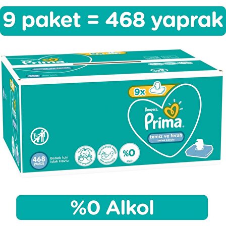 Prima Alkolsüz-Parfümsüz 9 x 48 Yaprak 9 Paket Islak Mendil