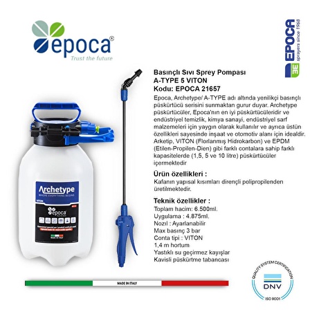 Epoca TYPE-A  VITON Contalı  Püskürtme Pompası 6,5Lt.- 1,4M.Hortumlu