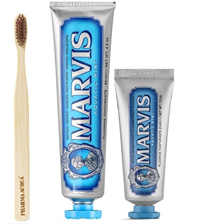 Marvis Aquatic Mint Nane Aromalı Beyazlatma Doğal Diş Macunu 85 ml & Diş Macunu 25 ml ve Diş Fırçası 