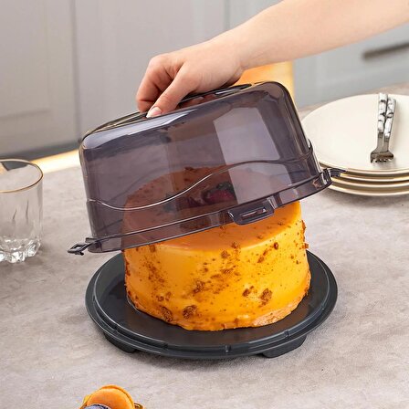 Porsima 1091 Antrasit Yuvarlak Kek Pasta Börek Saklama Kabı - Kilitli Kapaklı Taşıma Fanusu 25 cm