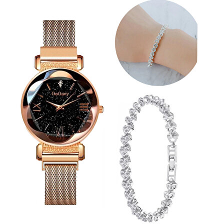 Gogoey Kadın Kol Saati + Gümüş Bileklik Moda Şık Trend Bayan Saat Rose GS4417RG