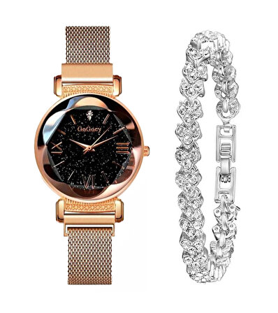 Gogoey Kadın Kol Saati + Gümüş Bileklik Moda Şık Trend Bayan Saat Rose GS4417RG