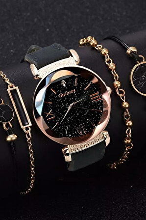 Gogoey Kadın Kol Saati + 4 Adet Bileklik Lüks Moda Şık Trend Set Saat Siyah Renk