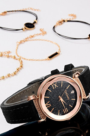 Gogoey Kadın Kol Saati + 4 Adet Bileklik Lüks Moda Şık Trend Set Saat Siyah Renk