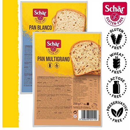 Schar 6'lı Glutensiz Ekmek Seti Pan Blanco Pan Multigrano 250g 6 Adet Dilimli Ekmek