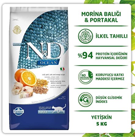 N&D Ocean Düşük Tahıllı Morina Balıklı ve Portakallı 5 kg Yetişkin Kedi Maması