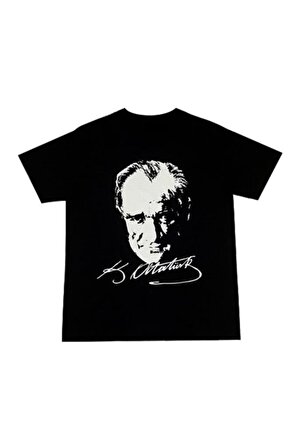 Hipatu Unisex Atatürk Baskılı Kısa Kollu Siyah Tişört 