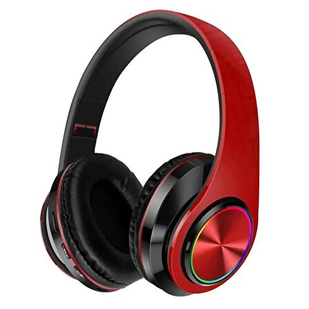 QASUL B39 Bluetooth Kulaküstü Kulaklık Led Işıklı Mikrofonlu Kablosuz Kulak Üstü Kulaklık Kırmızı