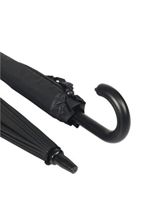 Siyah Desenli Baston 24 Fiber Tel Deri Saplı Premium Protokol Şemsiye