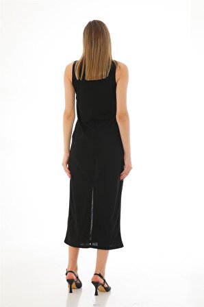 Kadın Krep V Yaka Yırtmaçlı Uzun Elbise-Siyah