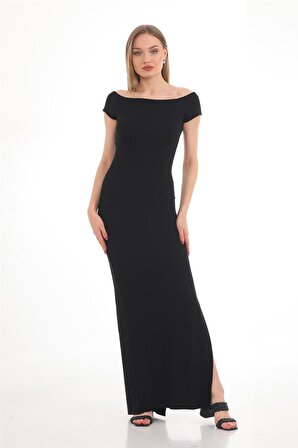 Kadın Viskon Uzun Yırtmaçlı Kalem Elbise-Siyah