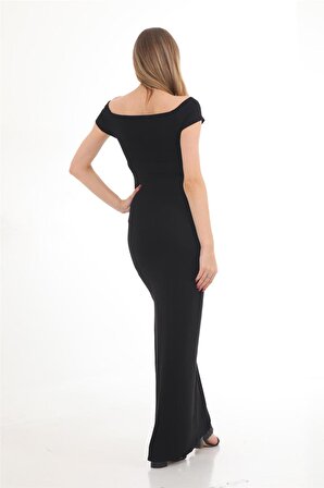 Kadın Viskon Uzun Yırtmaçlı Kalem Elbise-Siyah