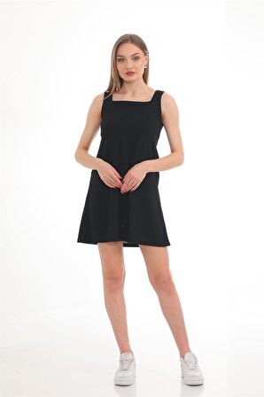 Kadın Krep Kemer Detaylı Mini Elbise-Siyah