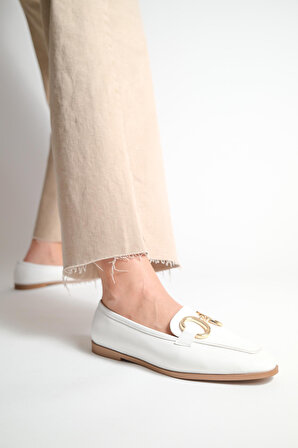 Fox Beyaz Tokalı İçi Deri Kadın Loafer Ayakkabı