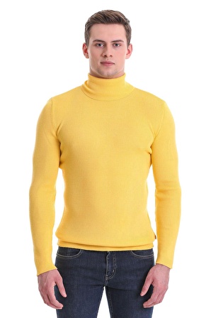 Sarı Slim Fit Fitilli Balıkçı Yaka Yünlü Triko Kazak | L