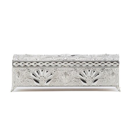 Kutu Takı Mücevher Kutusu Dekoratif Kutu Hediyelik Telkarili Uzun Büyük Kutu Gümüş