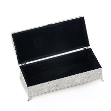 Kutu Takı Mücevher Kutusu Dekoratif Kutu Hediyelik Telkarili Uzun Büyük Kutu Gümüş