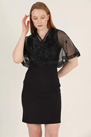 Kruvaze Yaka İnci İşlemeli Elbise 2203-Siyah