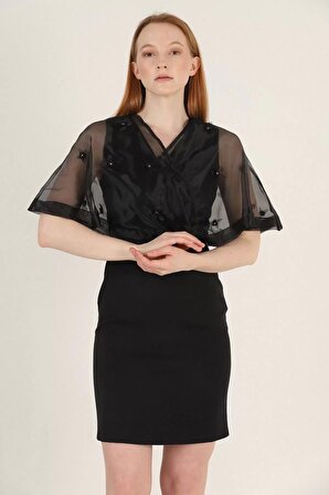 Kruvaze Yaka İnci İşlemeli Elbise 2203-Siyah