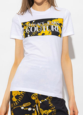 Versace Jeans Couture Bisiklet Yaka Baskılı Beyaz Kadın T-Shirt 75HAHE01