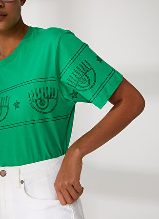 Chiara Ferragni Bisiklet Yaka Baskılı Yeşil Kadın T-Shirt 74CBHG01